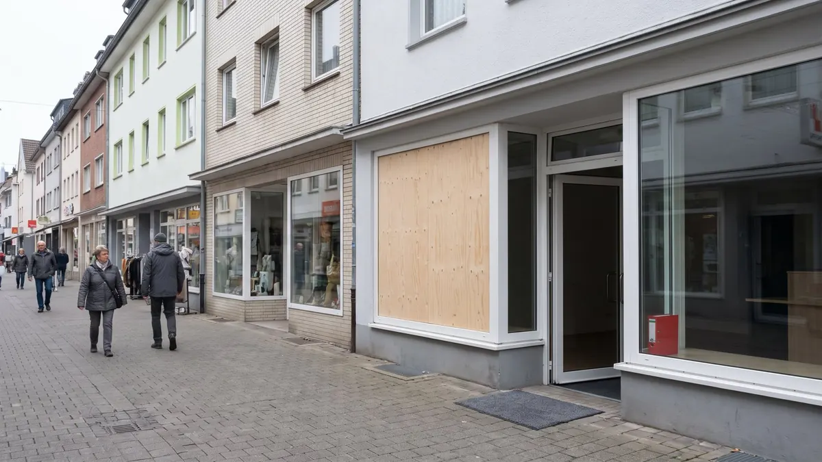 Ladenzeile in einer Fußgängerzone, ein Schaufenster ist mit einer Platte gesichert