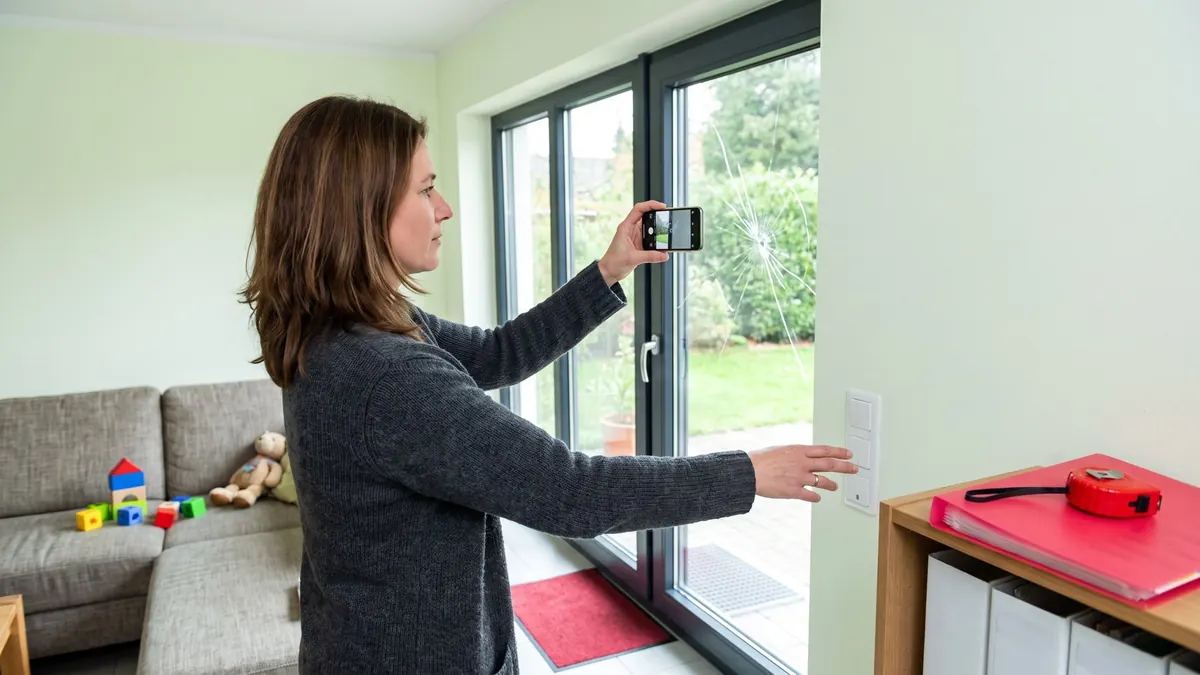 Bewohnerin fotografiert eine gesprungene Fensterscheibe im Wohnzimmer