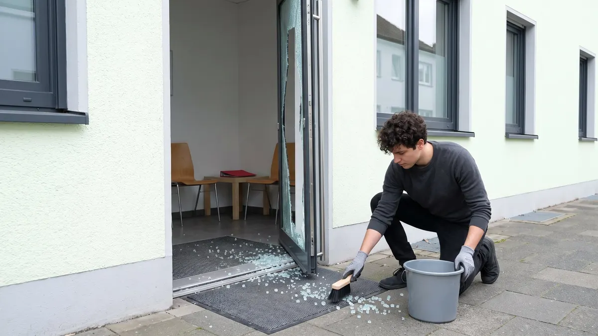 Glaser kehrt die Scherben einer zersprungenen Glastür vor einer Praxis zusammen