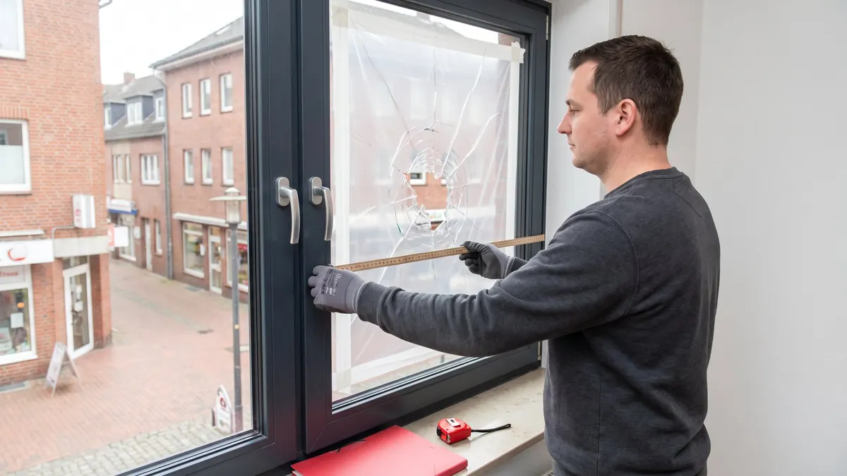 Glaser misst ein eingeschlagenes Wohnungsfenster aus, die Öffnung ist mit Folie abgeklebt