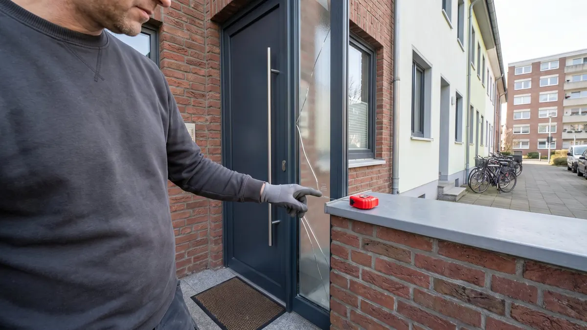Glaser zeigt auf den Riss im gläsernen Seitenteil einer Haustür