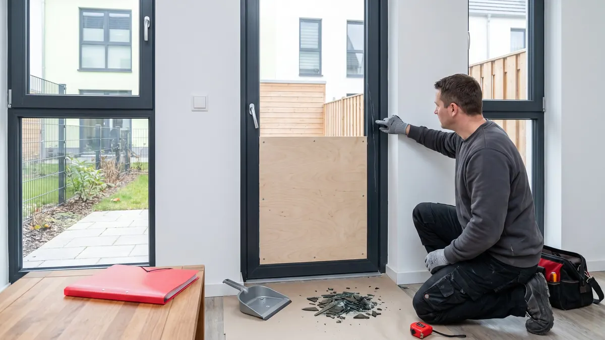Glaser prüft Hebelspuren am Rahmen, die eingeschlagene Scheibe ist mit einer Holzplatte gesichert