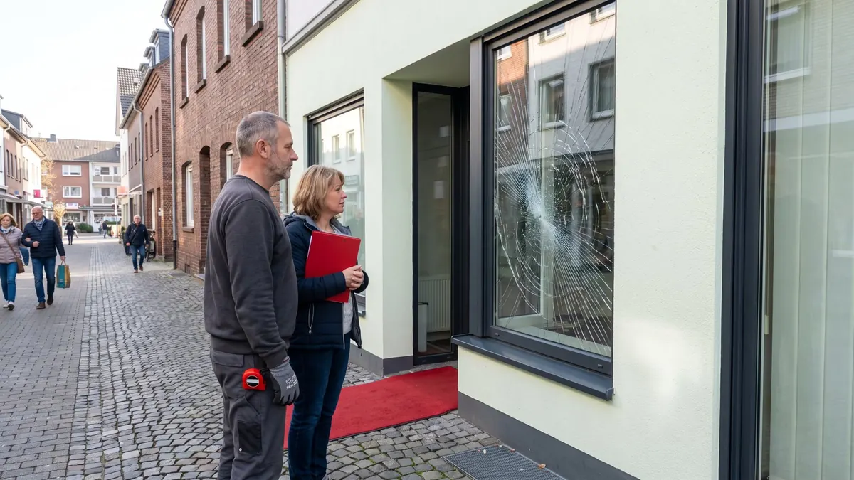 Ladeninhaberin und Glaser vor einem gesprungenen Schaufenster aus Verbundglas