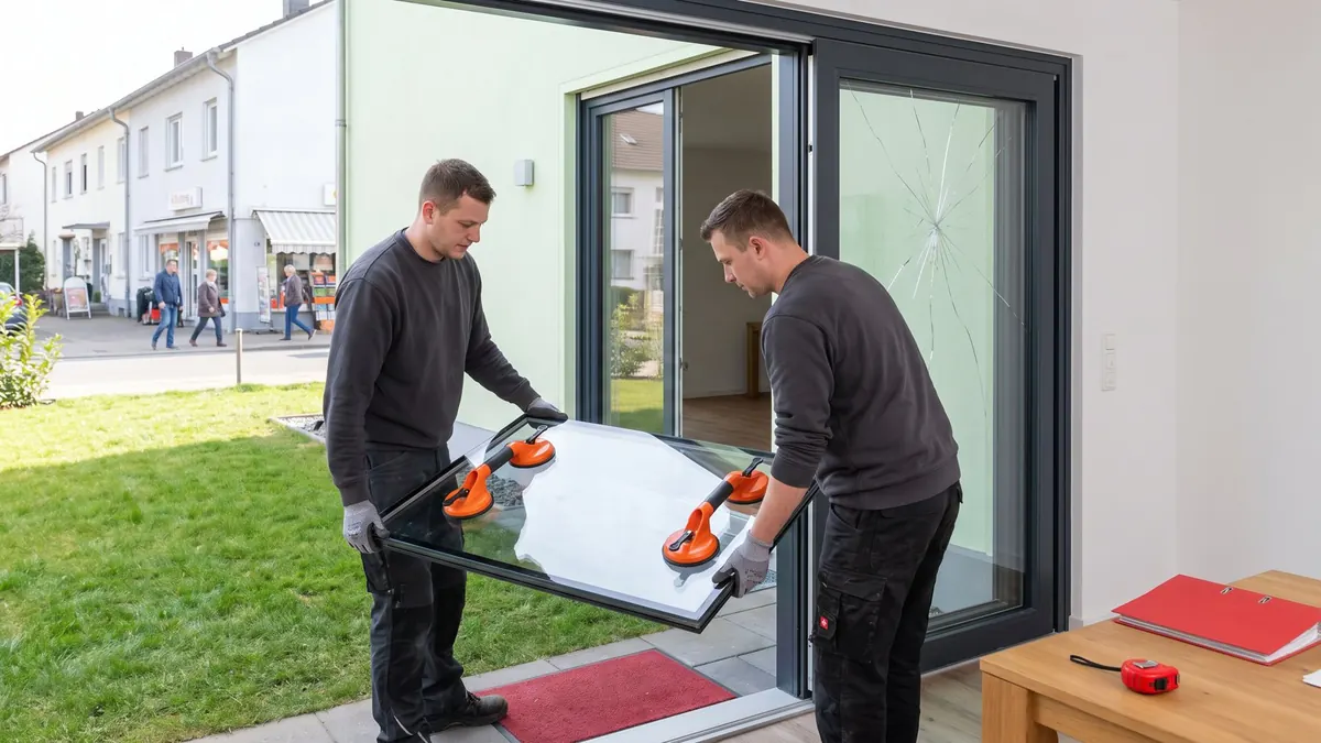 Zwei Glaser setzen mit Saughebern eine neue Scheibe in eine Terrassentür ein