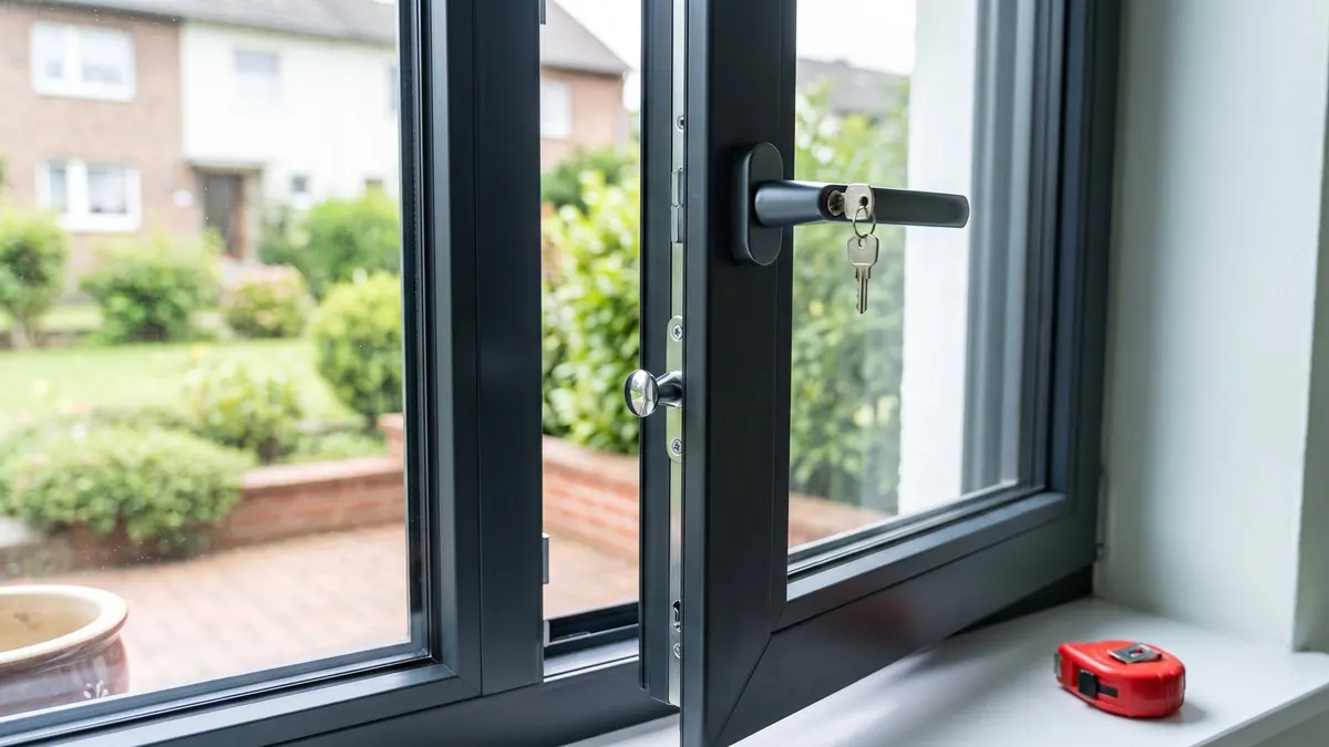Abschließbarer Fenstergriff und Pilzkopfverriegelung an einem Fensterflügel