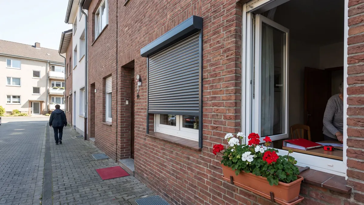 Heruntergelassener Rollladen an einem Erdgeschossfenster