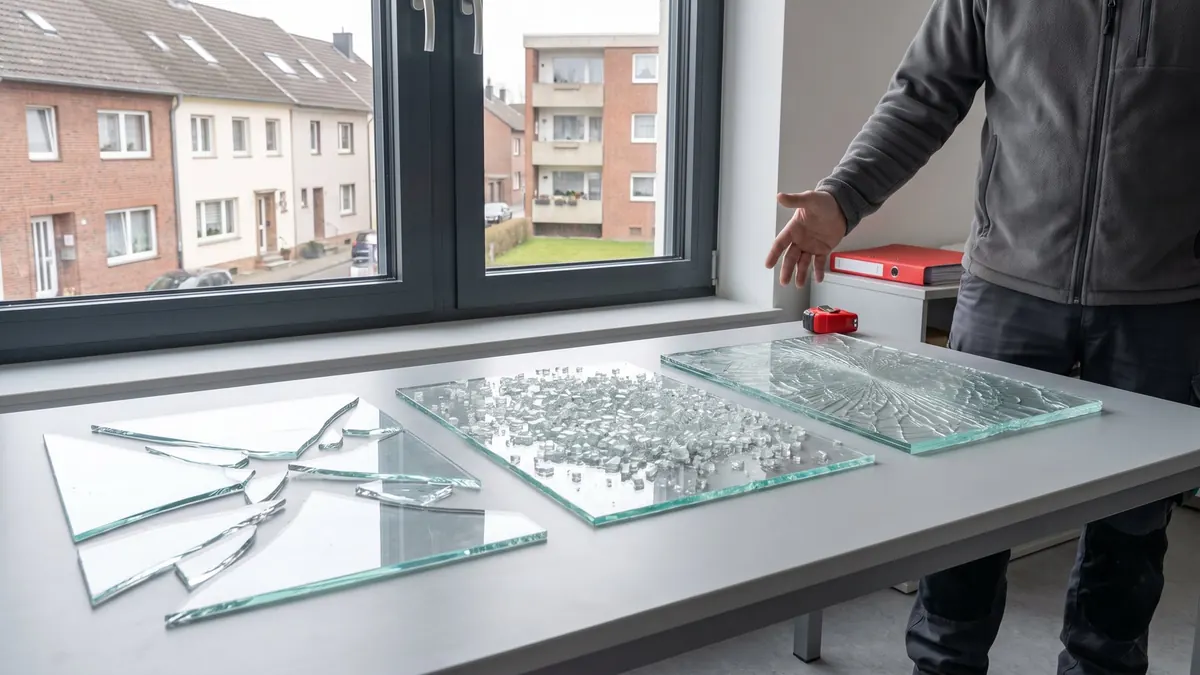 Bruchbilder von Floatglas, Einscheiben-Sicherheitsglas und Verbundglas im Vergleich