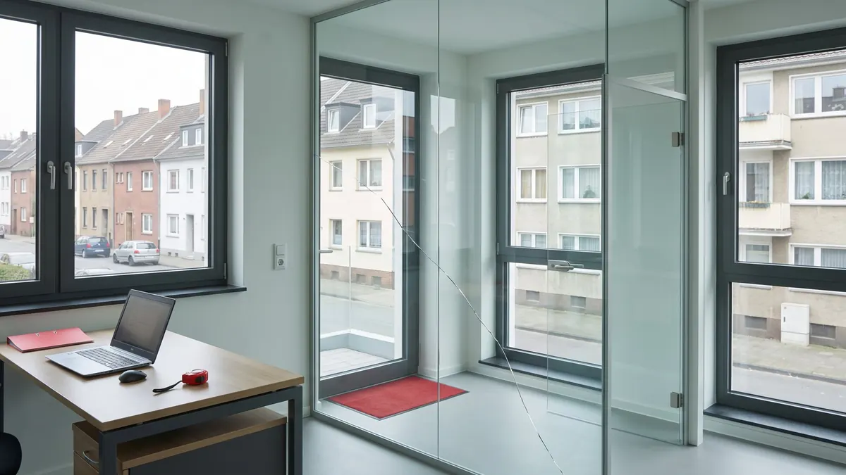 Büro mit gesprungener Glastrennwand