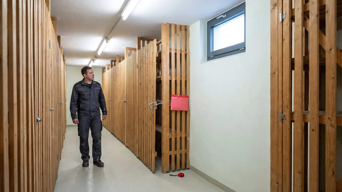 Kellergang mit Kellerabteilen in einem Mehrfamilienhaus