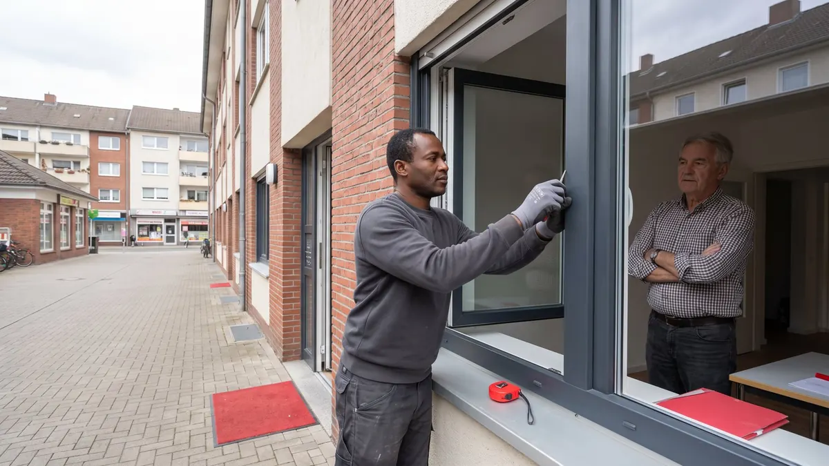 Glaser setzt die Glasleiste an einer neuen Fensterscheibe ein