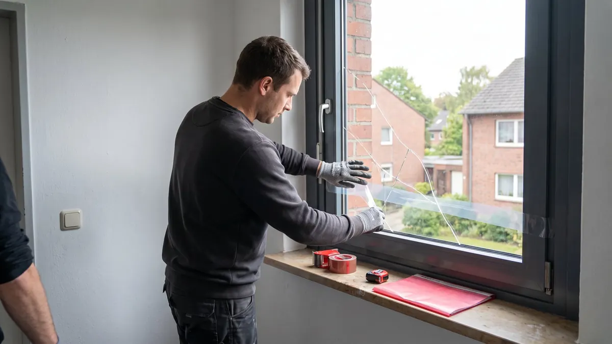 Glaser sichert eine zerbrochene Fensterscheibe mit Schutzfolie